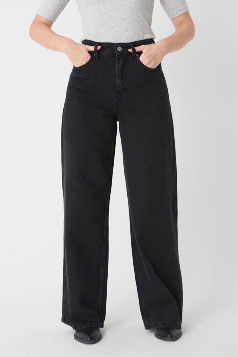 Solmayan Siyah Likralı Süper Yüksek Bel Salaş Jean Palazzo Pantolon. (SÜPER YÜKSEK.) Wide Leg.