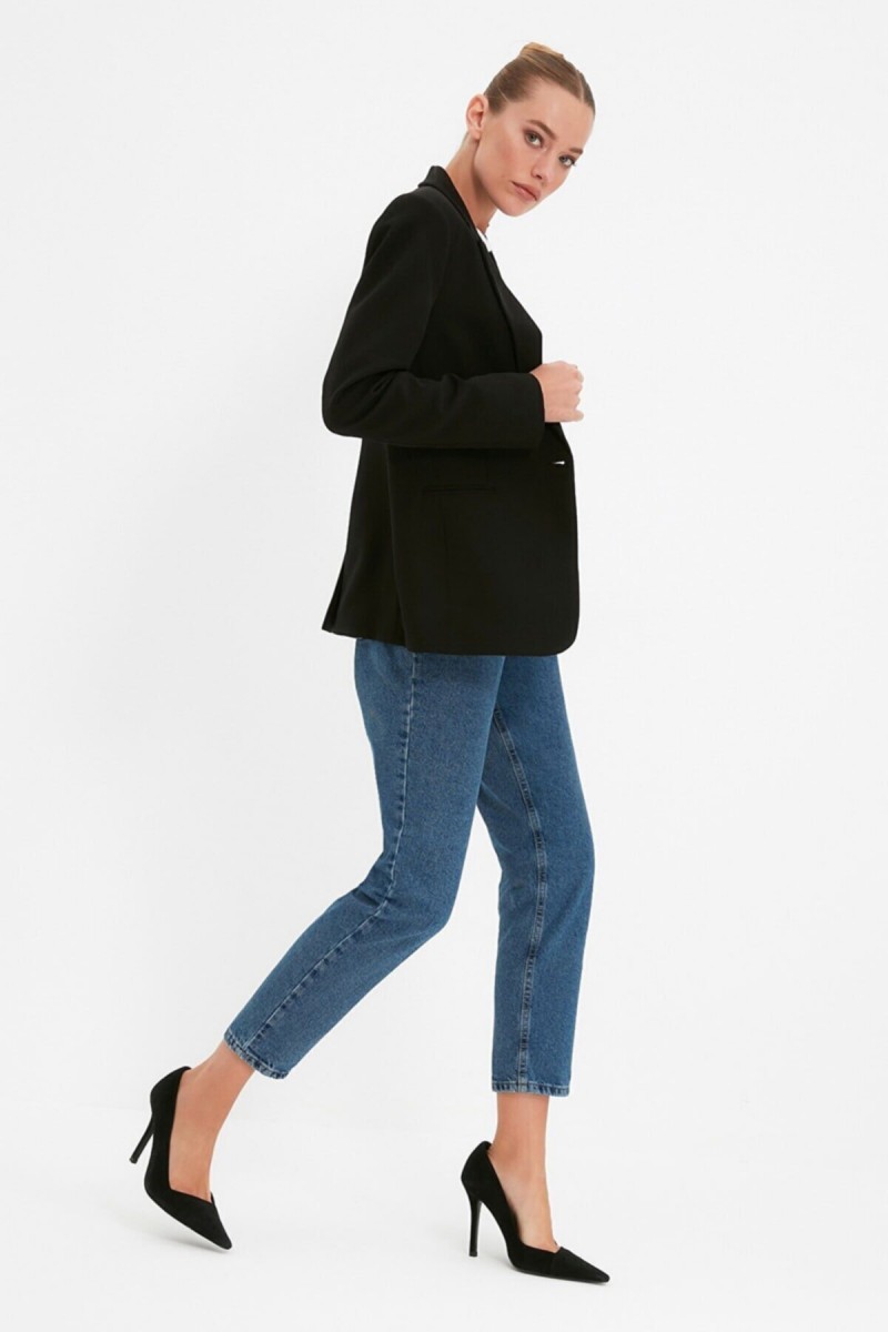 Koyu Mavi Likralı Mom Jean Pantolon ( Renk Solmaz )