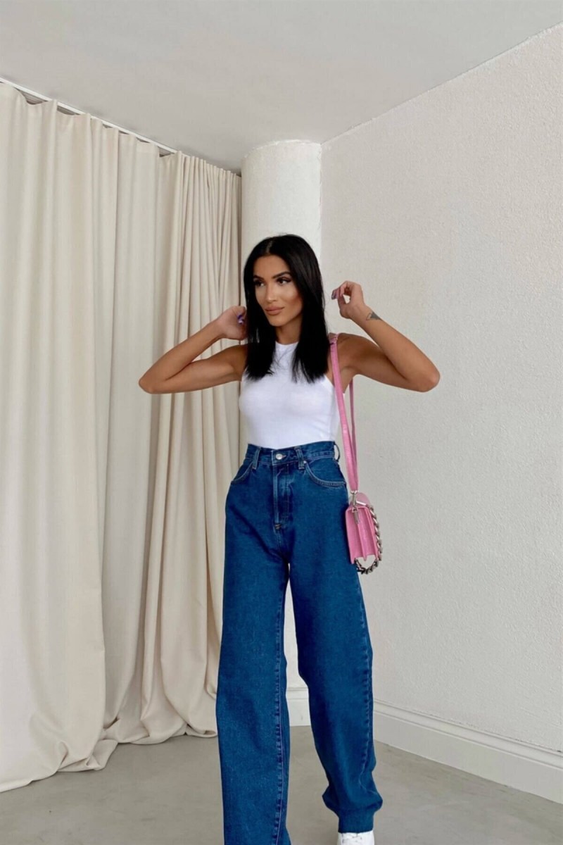 Orta Mavi Likralı Süper Yüksek Bel Salaş Jeans Palazzo Pantolon. (SÜPER YÜKSEK) Wide Leg