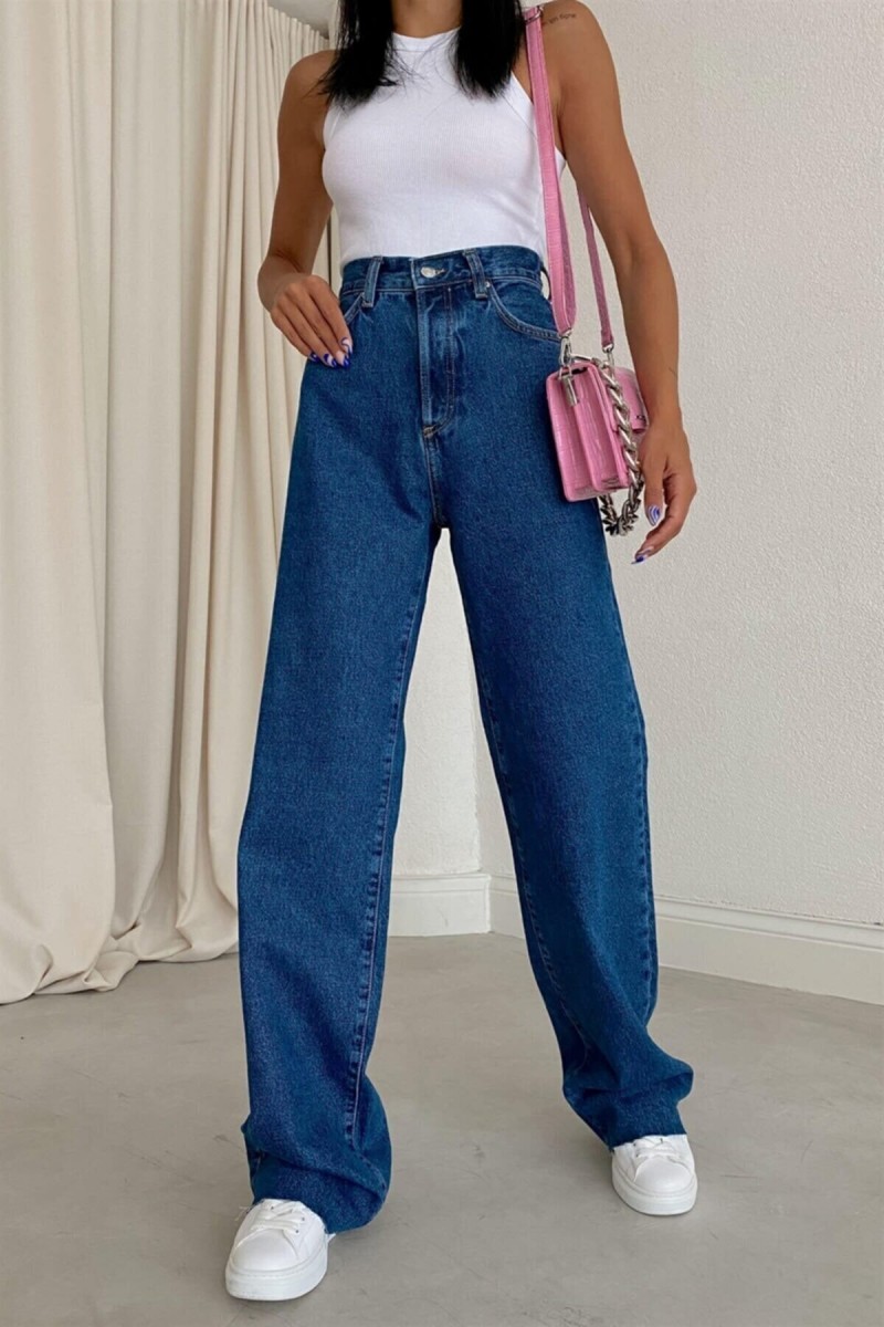 Orta Mavi Likralı Süper Yüksek Bel Salaş Jeans Palazzo Pantolon. (SÜPER YÜKSEK) Wide Leg