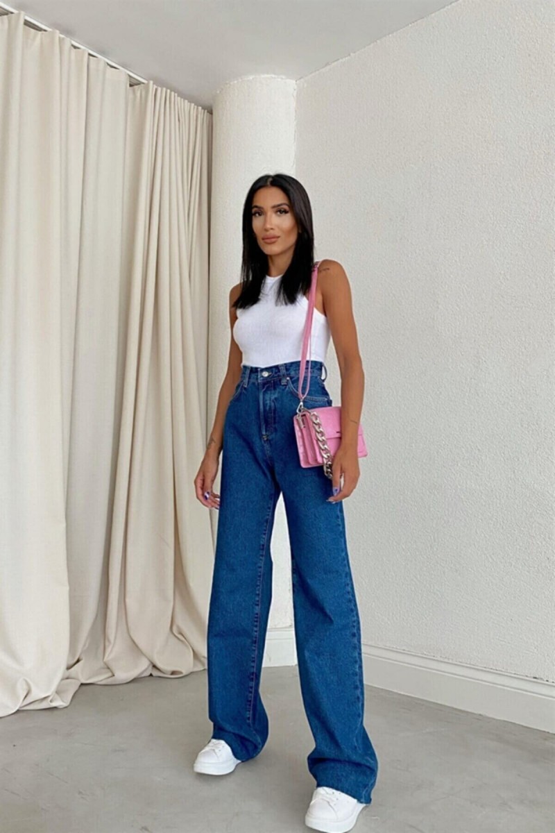 Orta Mavi Likralı Süper Yüksek Bel Salaş Jeans Palazzo Pantolon. (SÜPER YÜKSEK) Wide Leg