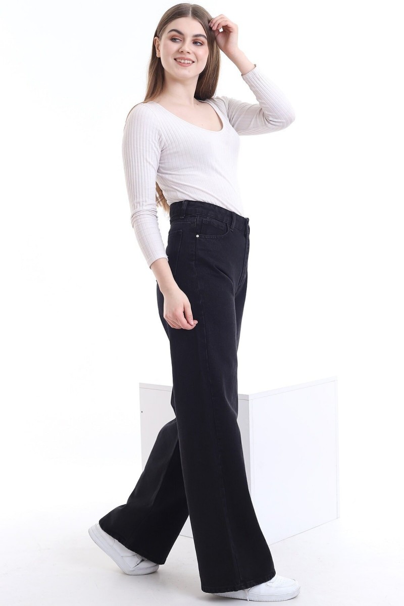 Siyah Likralı Süper Yüksek Bel Salaş Jeans Palazzo Pantolon. (Süper Yüksek.) Wide Leg.