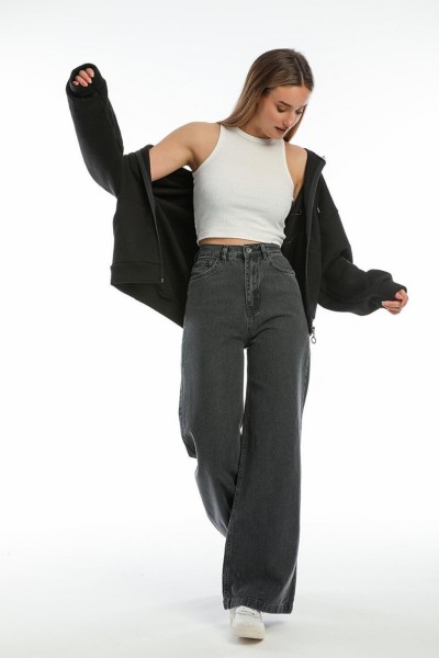 Füme Power Likralı Süper Yüksek Bel Salaş Jeans Jeans Palazzo Pantolon
