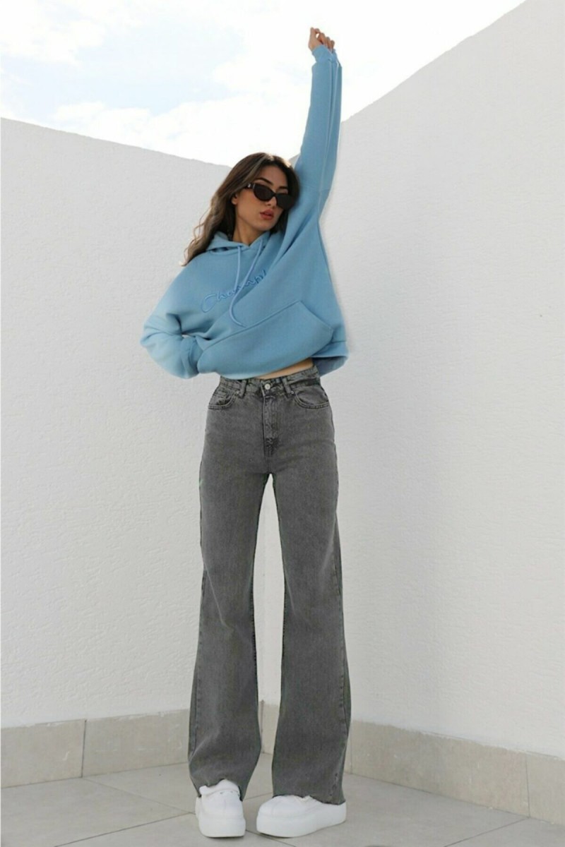 Kül Gri Füme Power Likralı Süper Yüksek Bel Salaş Jeans Palazzo Pantolon