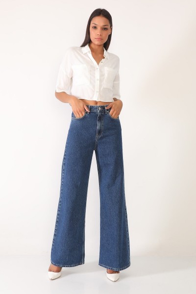 Koyu Mavi Likralı Süper Yüksek Bel Salaş Jeans Palazzo Pantolon