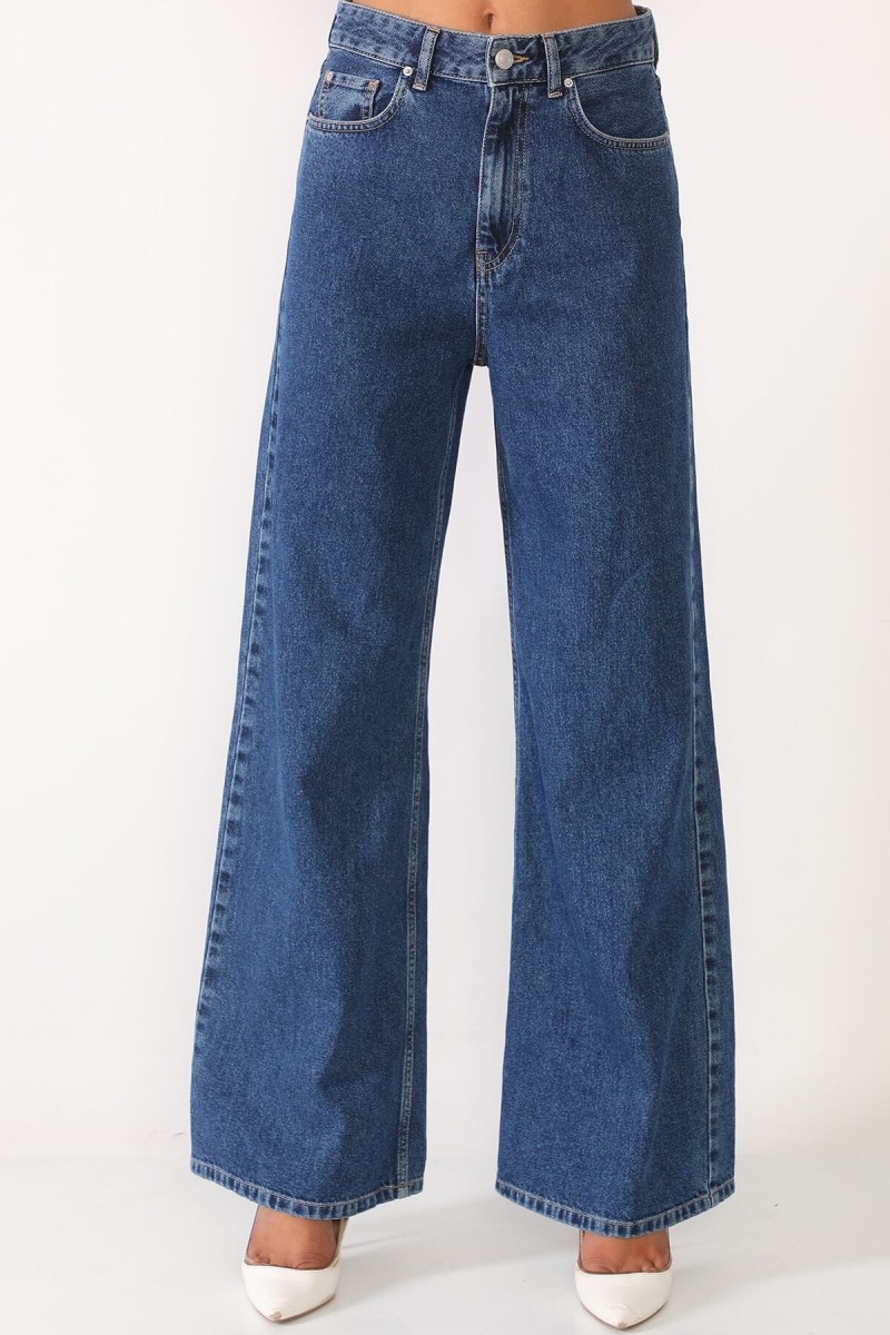 Koyu Mavi Likralı Süper Yüksek Bel Salaş Jeans Palazzo Pantolon
