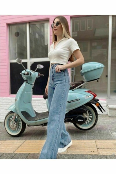 Mavi Likralı Kar Yıkama Süper Yüksek Bel Salaş Jeans Palazzo Pantolon. (SÜPER YÜKSEK.) Wide Leg
