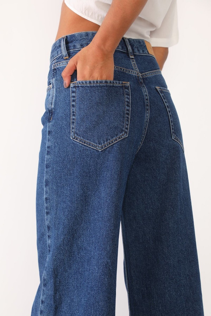 Koyu Mavi Likralı Süper Yüksek Bel Salaş Jeans Palazzo Pantolon