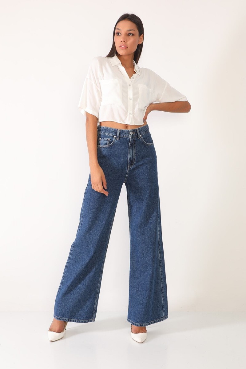 Koyu Mavi Likralı Süper Yüksek Bel Salaş Jeans Palazzo Pantolon