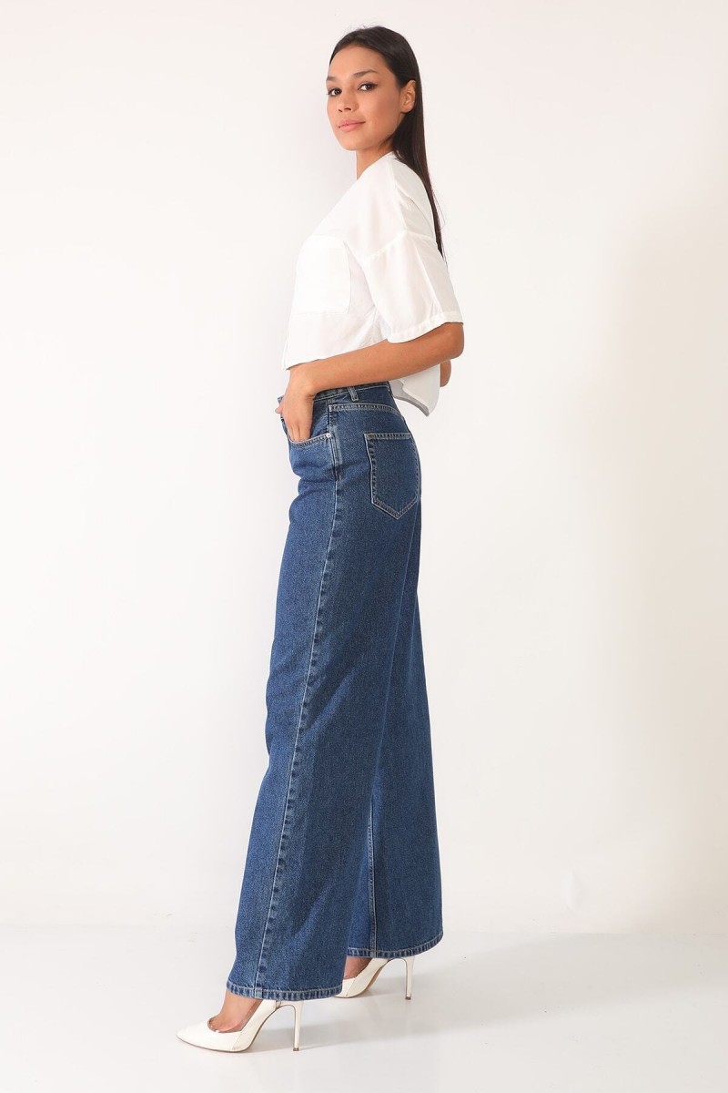 Koyu Mavi Likralı Süper Yüksek Bel Salaş Jeans Palazzo Pantolon