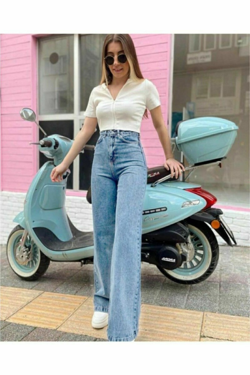 Mavi Likralı Kar Yıkama Süper Yüksek Bel Salaş Jeans Palazzo Pantolon. (SÜPER YÜKSEK.) Wide Leg