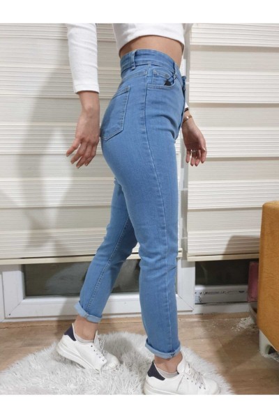 Kadın Açık Mavi Skinny Mom Jeans Mavi Mom Dar Kalıp Kot Pantolon