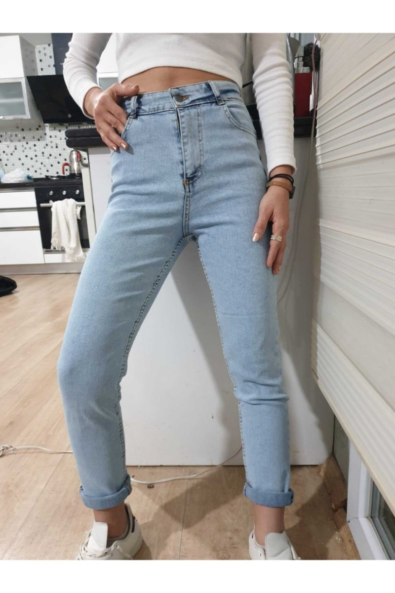 Kadın Kar Yıkama Skinny Mom Jeans Kar Yıkama Mom Dar Kalıp Kot Pantolon