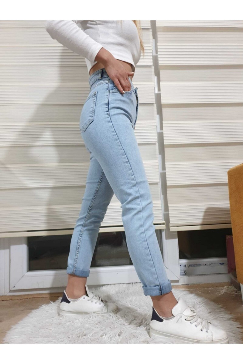 Kadın Kar Yıkama Skinny Mom Jeans Kar Yıkama Mom Dar Kalıp Kot Pantolon
