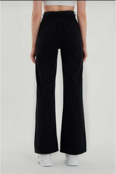 Solmayan Siyah Likralı Süper Yüksek Bel Salaş Jean Pantolon. (SÜPER YÜKSEK.) Wide Leg.