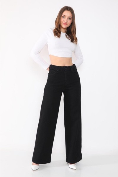 Siyah Likralı Süper Yüksek Bel Salaş Jean Pantolon. (SÜPER YÜKSEK.) Wide Leg.