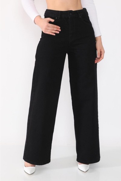 Siyah Likralı Süper Yüksek Bel Salaş Jean Pantolon. (SÜPER YÜKSEK.) Wide Leg.