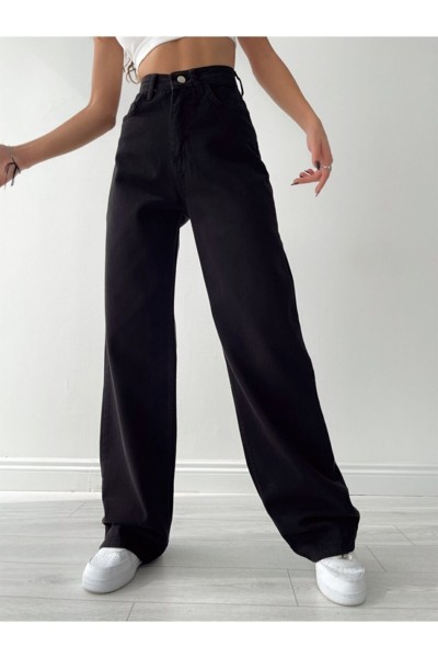 Siyah Likralı Süper Yüksek Bel Salaş Jean Pantolon. (SÜPER YÜKSEK.) Wide Leg.