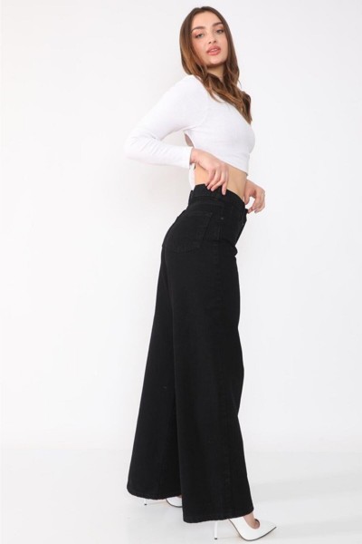 Siyah Likralı Süper Yüksek Bel Salaş Jean Pantolon. (SÜPER YÜKSEK.) Wide Leg.