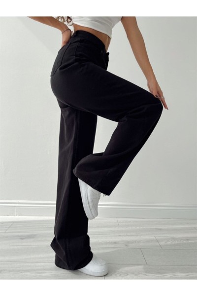 Siyah Likralı Süper Yüksek Bel Salaş Jean Pantolon. (SÜPER YÜKSEK.) Wide Leg.
