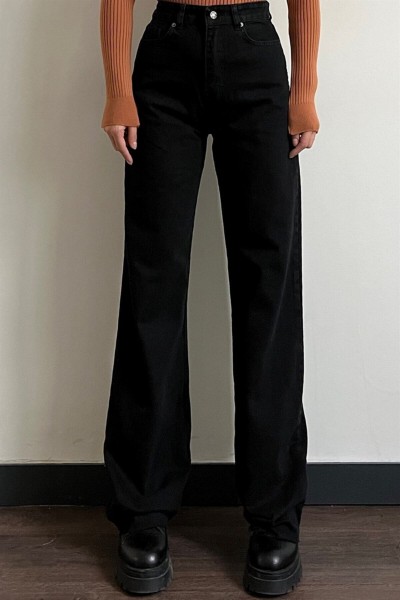 Siyah Likralı Süper Yüksek Bel Salaş Jean Pantolon. (SÜPER YÜKSEK.) Wide Leg.