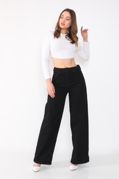 Siyah Likralı Süper Yüksek Bel Salaş Jean Pantolon. (SÜPER YÜKSEK.) Wide Leg.