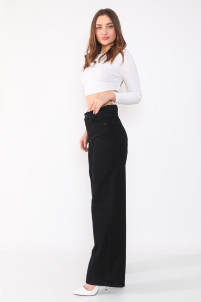 Siyah Likralı Süper Yüksek Bel Salaş Jean Pantolon. (SÜPER YÜKSEK.) Wide Leg.
