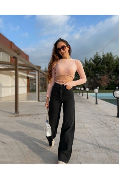 Siyah Likralı Süper Yüksek Bel Salaş Jean Pantolon (Süper Yüksek) Wide Leg