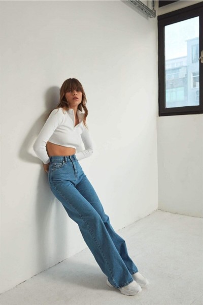 Extra Yüksek A.c.a.i.p S.o.l.m.a.z Mavi Salaş Jeans Palazzo Pantolon (süper Yüksek )