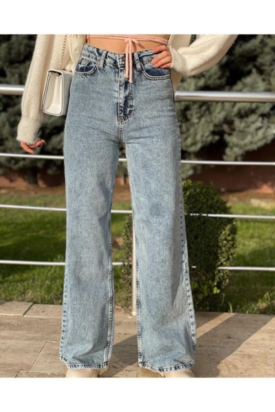 Quinn Likralı Kadın Buz Mavi Süper Yüksek Bel Salaş Paça Denim Kot Palazzo Pantolon