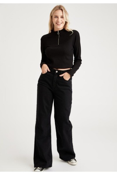 Extra Yüksek A.c.a.i.p S.o.l.m.a.z Siyah Salaş Jeans Palazzo Pantolon (SÜPER YÜKSEK SOLMAYAN)