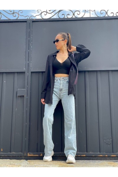 -buz Kar Likralı Süper Yüksek Bel Salaş Jeans Palazzo Pantolon. (süper Yüksek) Wide Leg