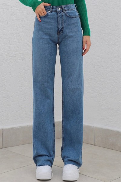 Blue 90's Orta Koyu Mavi Likralı Süper Extra Yüksek Bel Palazzo Salaş Jean Pantolon