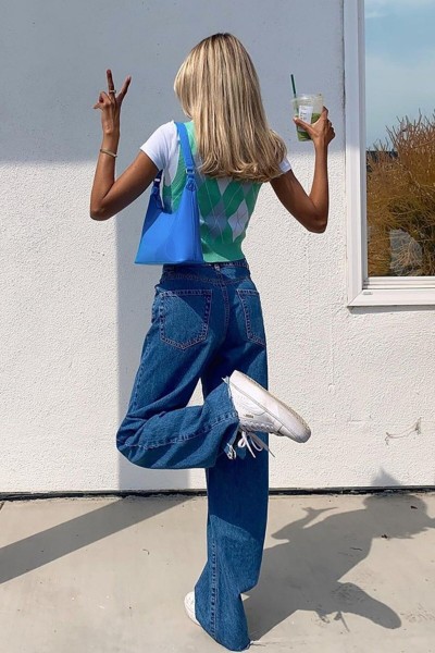 Blue 90 s Orta Koyu Mavi Likralı Süper Extra Yüksek Bel Palazzo Salaş Jean Pantolon