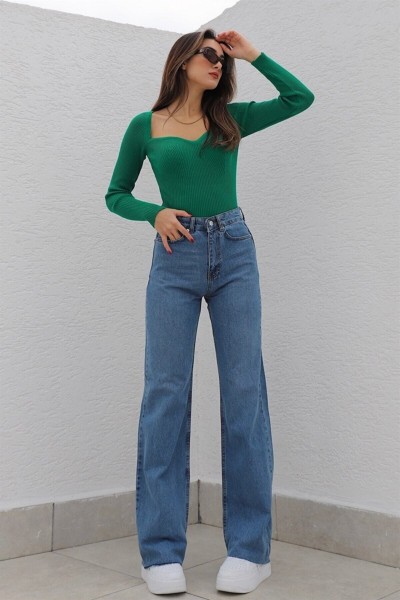 Blue 90 s Orta Koyu Mavi Likralı Süper Extra Yüksek Bel Palazzo Salaş Jean Pantolon