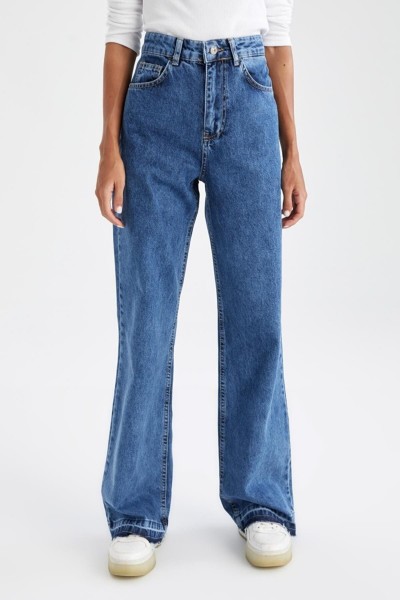 Blue 90 s Orta Koyu Mavi Likralı Süper Extra Yüksek Bel Palazzo Salaş Jean Pantolon