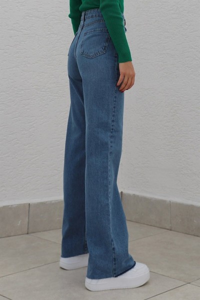 Blue 90 s Orta Koyu Mavi Likralı Süper Extra Yüksek Bel Palazzo Salaş Jean Pantolon