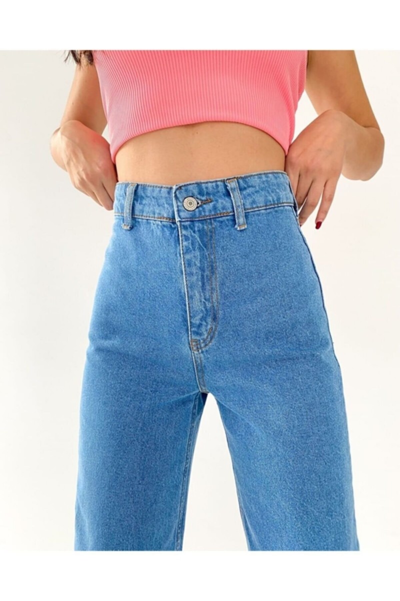 Blue 90's Orta Koyu Mavi Likralı Süper Extra Yüksek Bel Palazzo Salaş Jean Pantolon