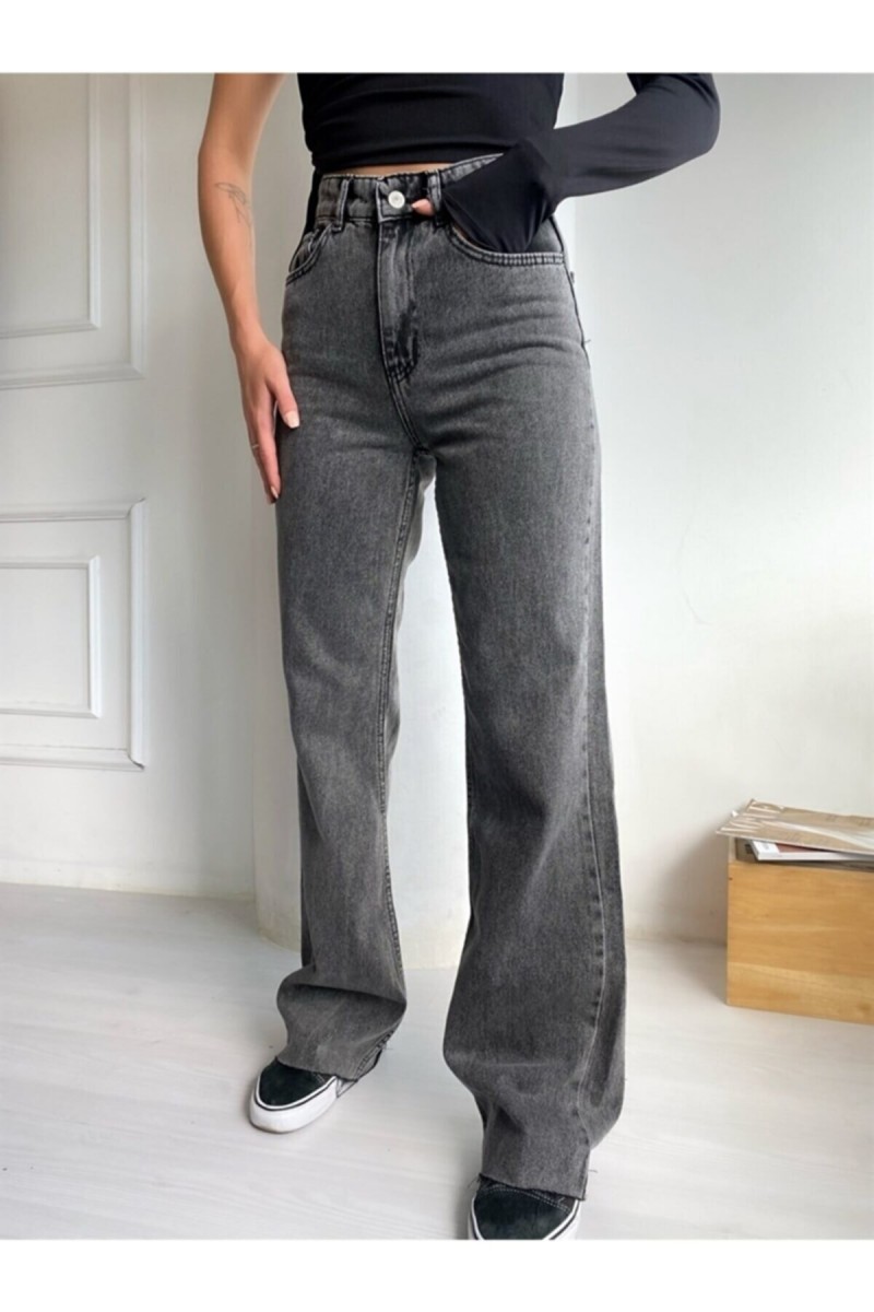 Kül Gri Füme Power Likralı Süper Yüksek Bel Salaş Jeans Palazzo Pantolon