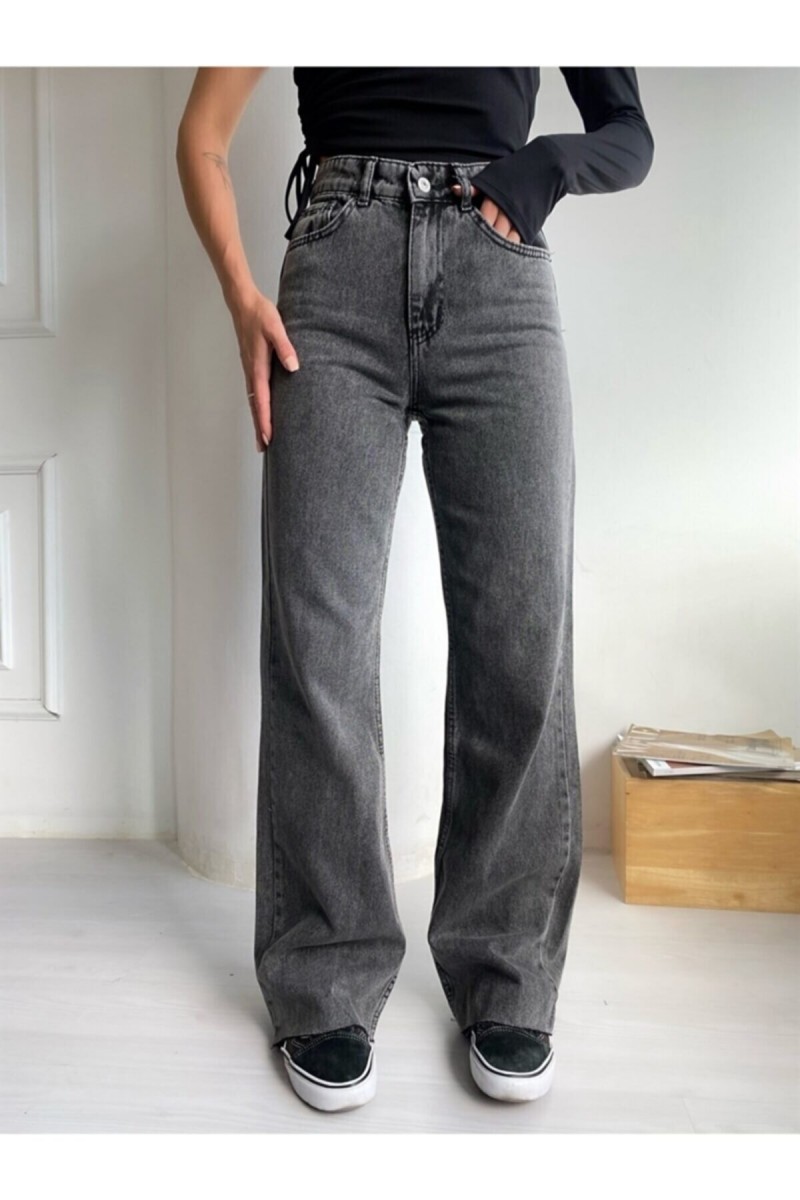 Kül Gri Füme Power Likralı Süper Yüksek Bel Salaş Jeans Palazzo Pantolon