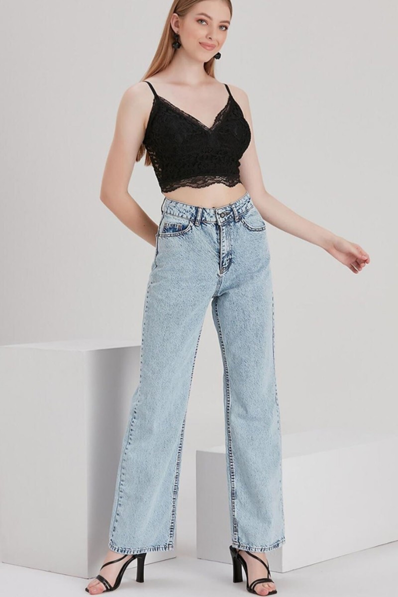 Jasmin Extra Süper Yüksek S.o.l.m.a.z Buz Mavi Salaş Jeans Palazzo Pantolon Wintage Straight