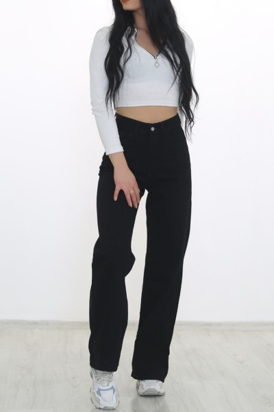 Diva Solmaz Siyah Likralı Süper Yüksek Bel Salaş Jean Pantolon. (SÜPER YÜKSEK.) Wide Leg.