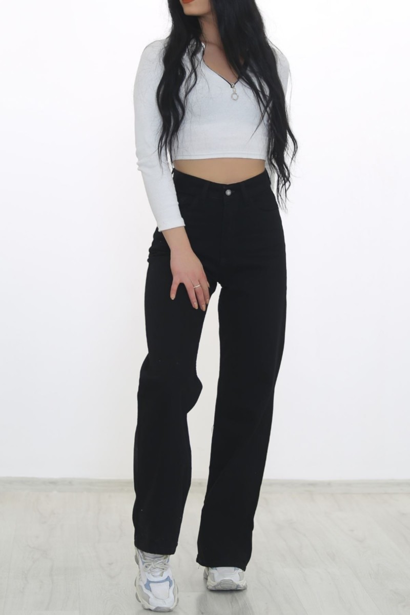 Diva Solmaz Siyah Likralı Süper Yüksek Bel Salaş Jean Pantolon. (SÜPER YÜKSEK.) Wide Leg.