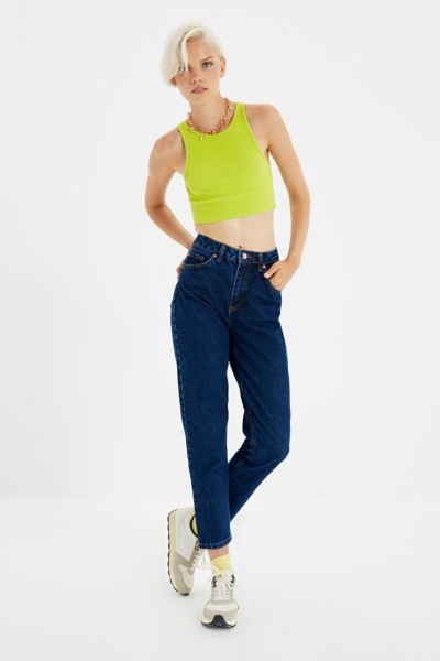 Mia Koyu Mavi Yüksek Bel Likralı Mom Jeans Denim Kot Pantolon