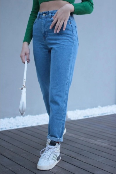 Mia Açık Mavi Yüksek Bel Likralı Mom Jeans Denim Kot Pantolon