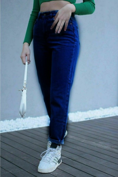 Koyu Mavi Yüksek Bel Likralı Mom Jeans Denim Kot Pantolon