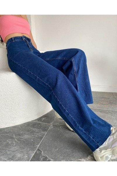 Blue 90 s Koyu Mavi Likralı Süper Extra Yüksek Bel Palazzo Salaş Jean Pantolon ( Wide Leg )