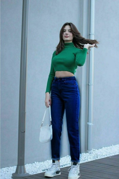 Koyu Mavi Yüksek Bel Likralı Mom Jeans Denim Kot Pantolon