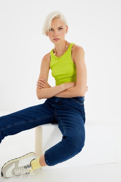 Mia Koyu Mavi Yüksek Bel Likralı Mom Jeans Denim Kot Pantolon