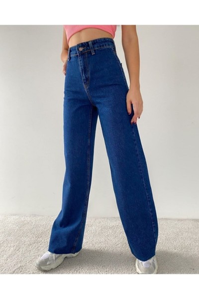 Blue 90 s Koyu Mavi Likralı Süper Extra Yüksek Bel Palazzo Salaş Jean Pantolon ( Wide Leg )